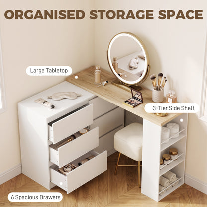 Vanity Table, Dressing Table with 6 Drawers and 3-Tier Shelf for Women and Girls, White