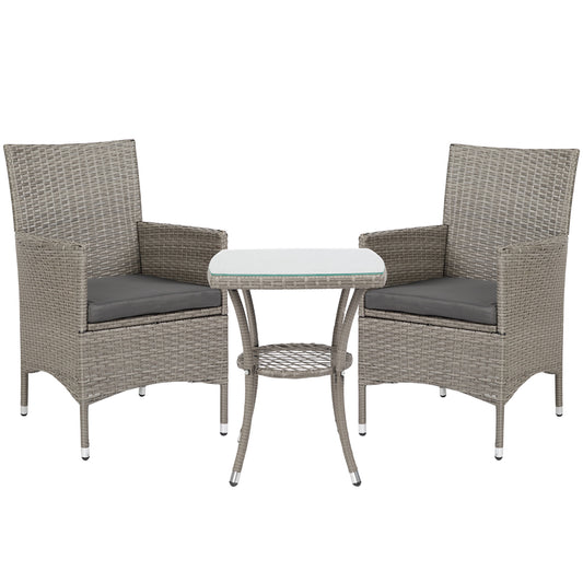 3 Pieces Rattan Bistro Set, Wicker Garden Furniture Set with 2-Tier Coffee Table and Chairs, Washable Cushions, for Outdoor Patio Balcony, Grey
