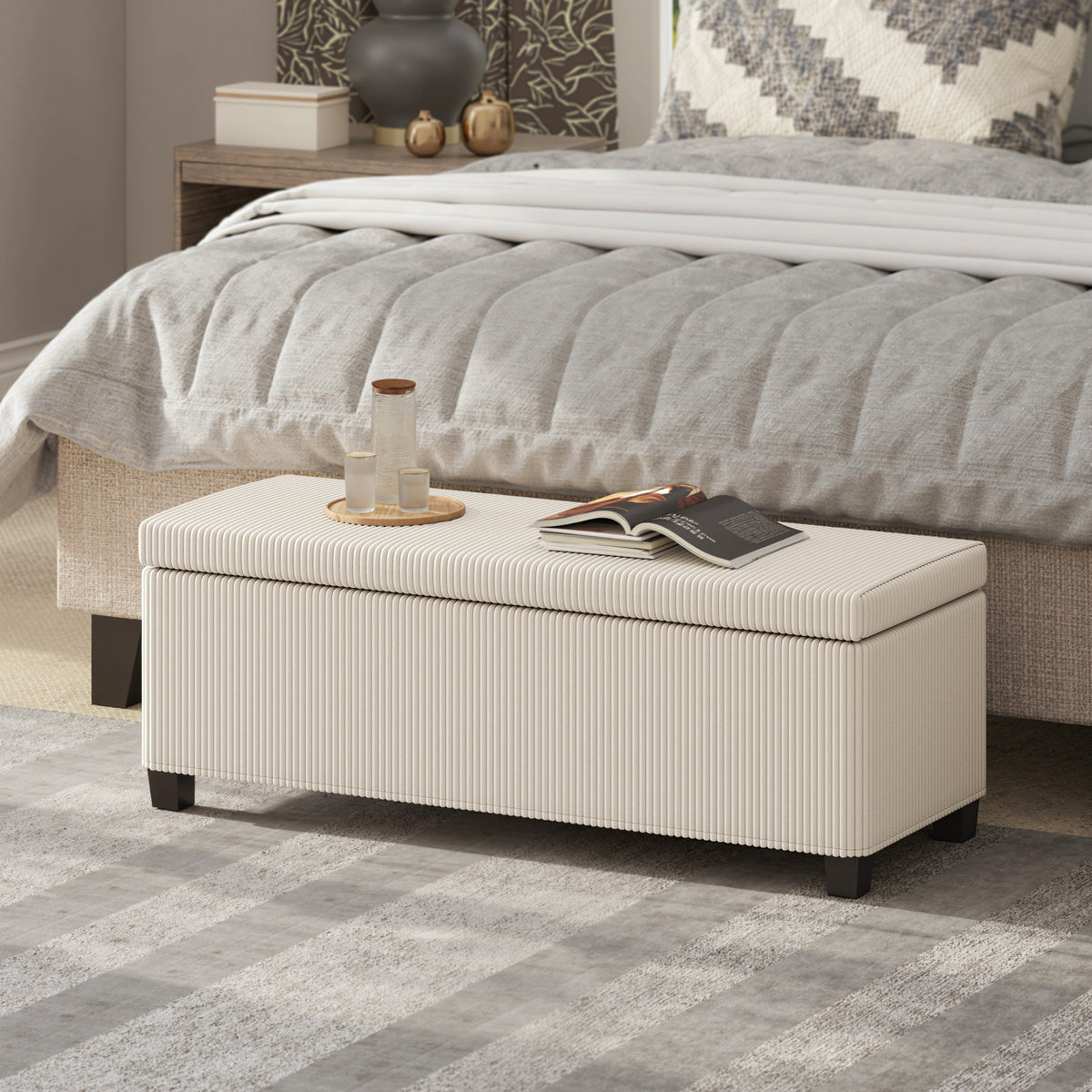 Storage Ottoman Bench, Corduroy Storage Chest Box with Wooden Legs, 112cm Bed End Bench for Living Room, Bedroom, Entryway, Hallway