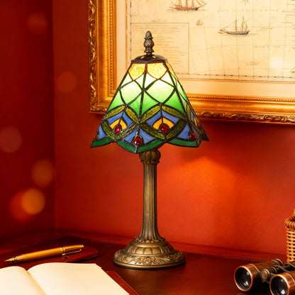 Tiffany-Style Table Lamp with Geometric Patterns, Handcrafted Antique Stained Glass Bedside Lamp for Living Room and Bedroom, E27 Socket, Green