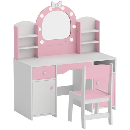 Kids Vanity Set, Kids Dressing Table with Stool, 2-Colour Lights Mirror, Cabinet, Drawer and Shelves, Pink