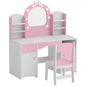 Kids Vanity Set, Kids Dressing Table with Stool, 2-Colour Lights Mirror, Cabinet, Drawer and Shelves, Pink