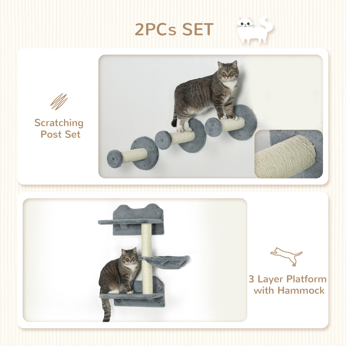 4 Piece Cat Shelf with Scratching Post, Wall-Mounted Cat Tree for Indoor Cat - Grey
