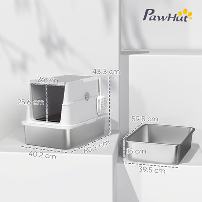 Extra Large Stainless Steel, Cat Litter Tray with Scoop, Flip Top