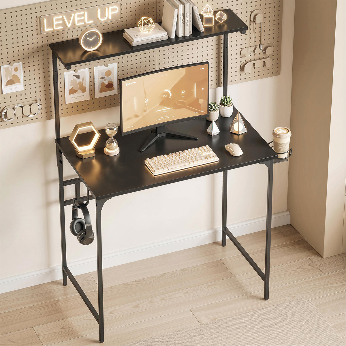 Computer Desk, 80cm Home Office Study Table with Hutch Shelf, Cup Holder, Headphone Hook