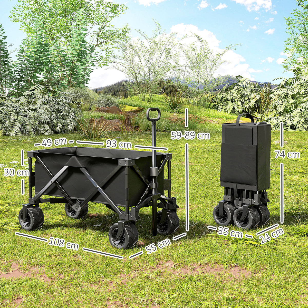 Outdoor Folding Garden Trolley on Wheels, Capming Cargo Wagon Cart Trailer w/ Handle, Wheels for Beach Garden, Black