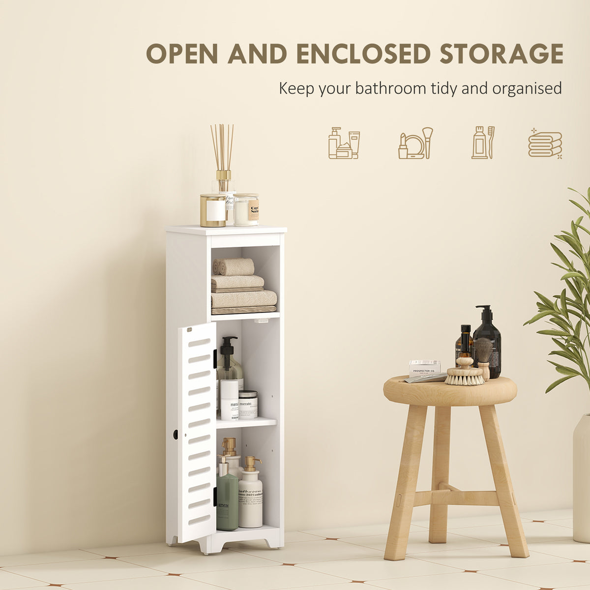 Bathroom Floor Cabinet, Bathroom Storage Unit with Louvered Door, Open Shelf, Adjustable Shelf, White, 22 x 20 x 75 cm