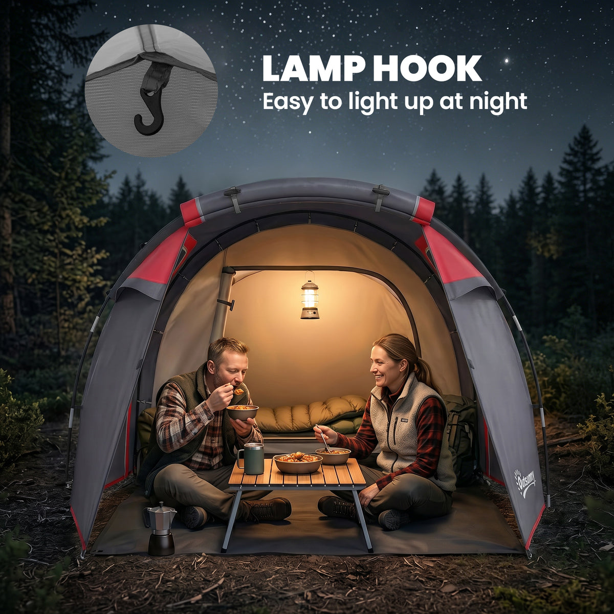 2 Man Tunnel Tent with Sewn-in Groundsheet, Air Vents, Rainfly, 2000mm Large Camping Tent with Bedroom, Porch, Living Area for Camping, Hiking, 426L x 206W x 154H cm