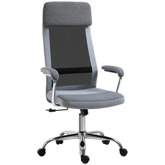 Office Chair, Ergonomic Desk Chair, High Back Computer Chair with Adjustable Height, Swivel Rolling Wheels, Mesh Back and Linen-Feel Fabric Seat for Home and Study, Grey