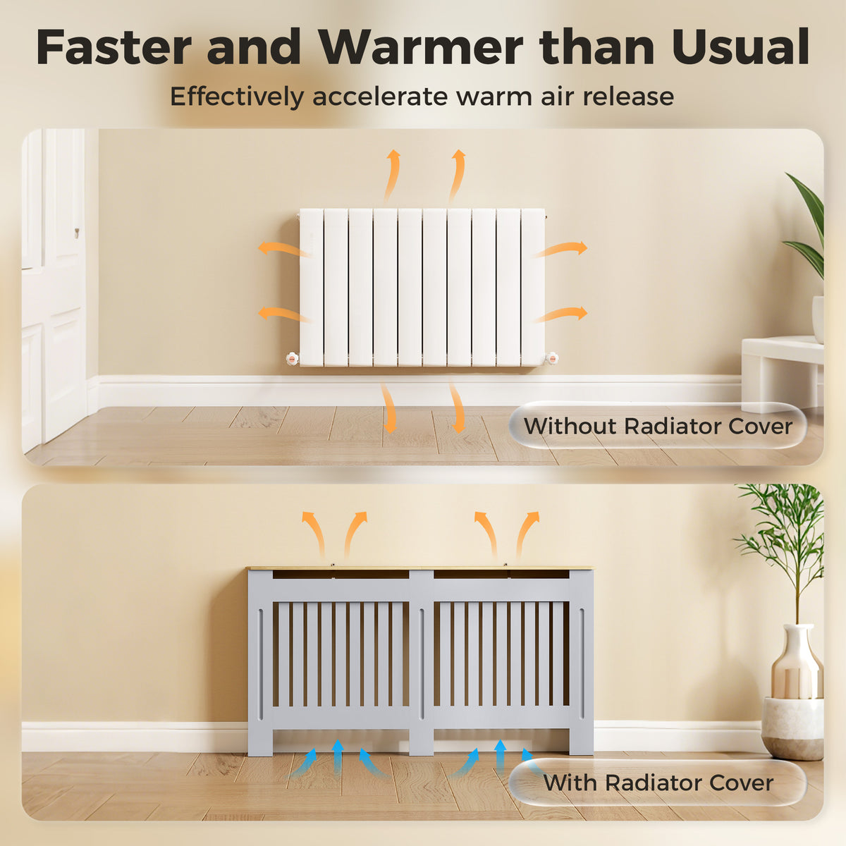 Slatted Radiator Cover, Painted Cabinet with Line Grill Design, 152W × 19D × 81H cm, Grey