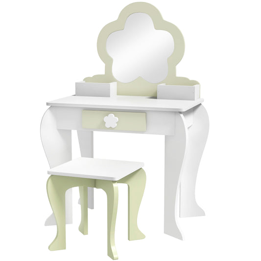 Kids Vanity Table with Mirror and Stool, Drawer, Storage Boxes, Flower Design, for Ages 3-6 Years - White