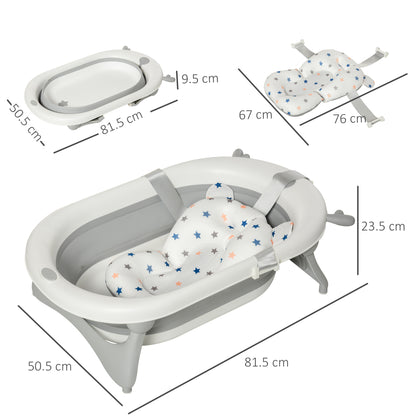 Foldable Baby Bathtub Set, Collapsible Bath Tub with Thermostatic Water Plug, Non-Slip Support, Cushion Pad, Drain Plugs, for Newborn to 3 Years - Offwhite