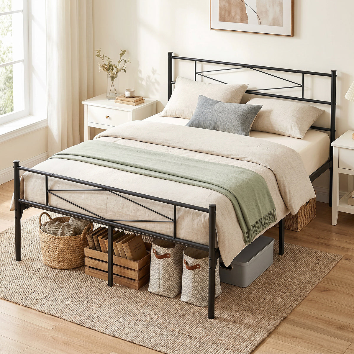 4ft6 Double Bed Frame with Headboard and Footboard, Metal Platform Bed Frame with 32 cm Underbed Storage, Black