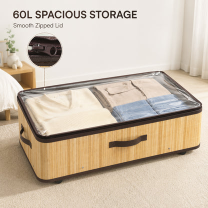 60L Under Bed Storage with Wheels Pack of 2, Underbed Storage Box with Clear Lid Cover and Reinforced Handle, Natural