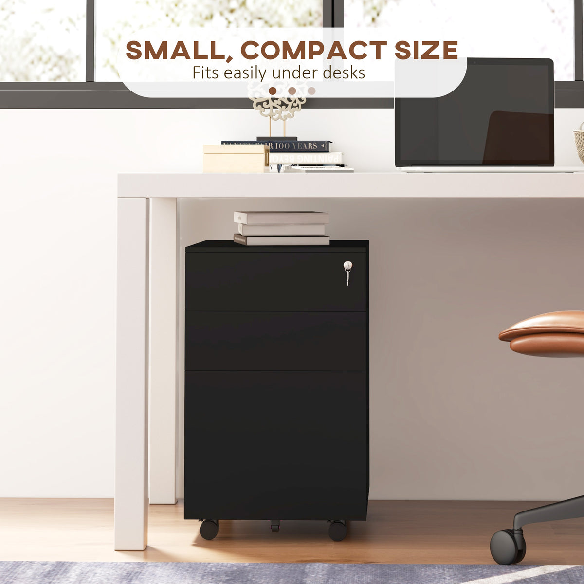 3-Drawer Vertical Filing Cabinet with Pencil Tray, Lock and 5 Wheels, Steel Mobile File Cabinet, for A4, Legal and Letter Size, Pre-Assembled Body
