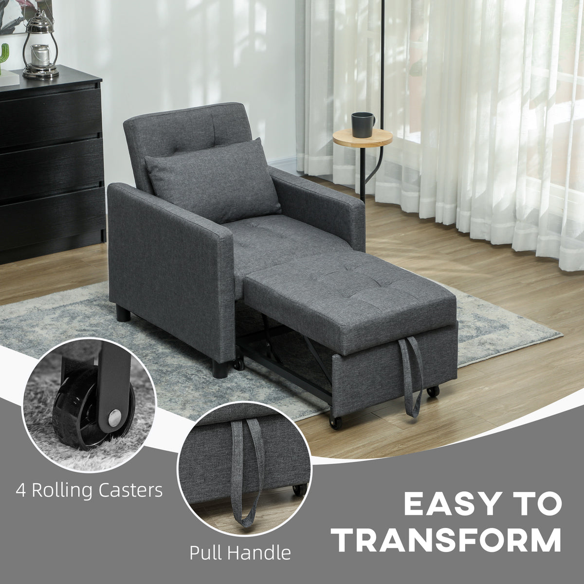 3-In-1 Chair Bed, Convertible Sleeper Chair with Adjustable Backrest, Pillow and Footrest for Living Room, Dark Grey