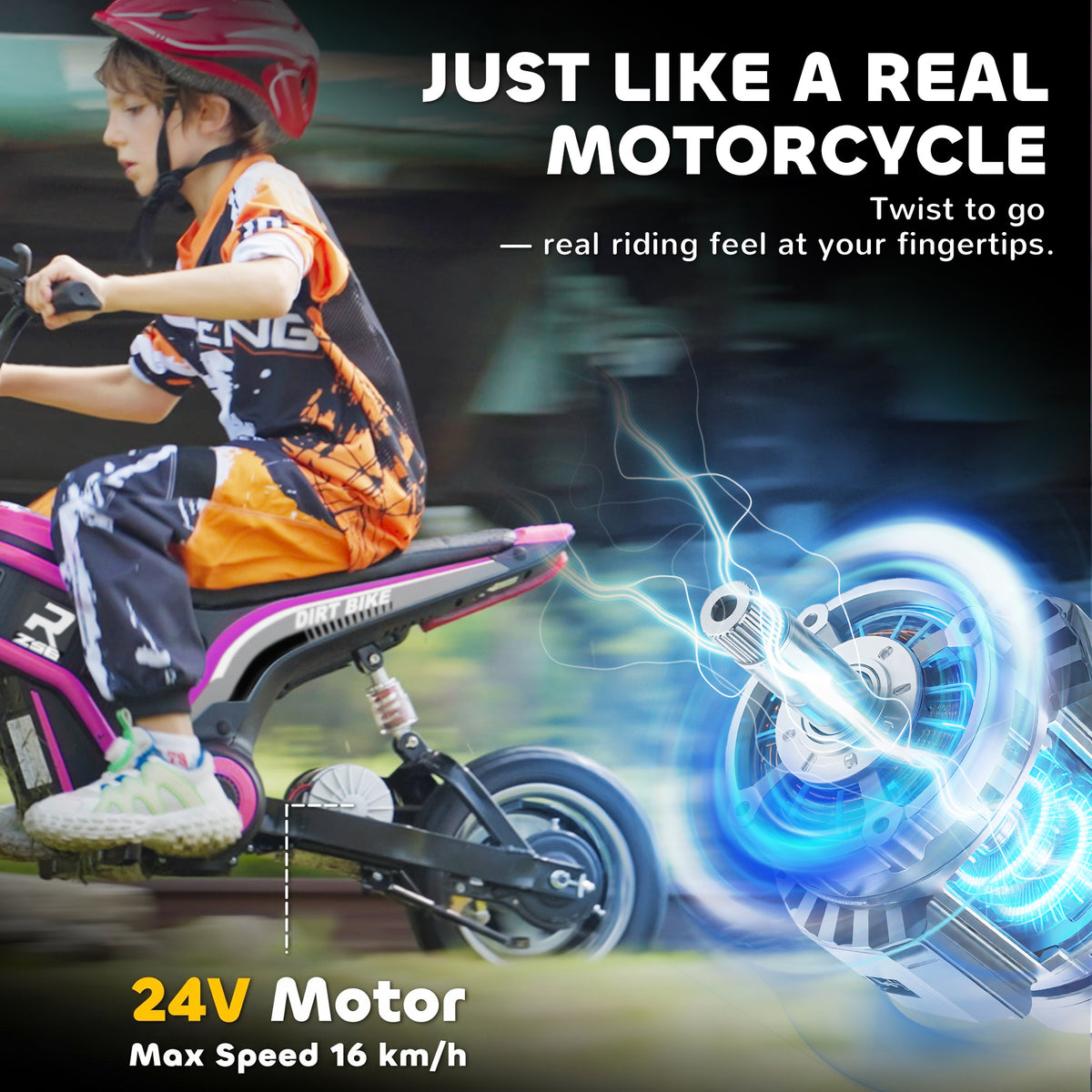 24V Electric Motorbike with Twist Grip Throttle, Music, Horn, 12" Pneumatic Tyres, 16km/h Max Speed - Pink