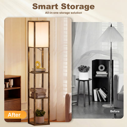 3-Tier Floor Lamp with Shelves and Storage, Modern Corner Standing Lamp with Lampshade, Foot Switch for Living Room, Bedroom, Home Office, Bulb not Included, Brown
