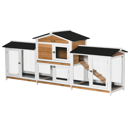 2-Tier Large Rabbit Hutch Outdoor with Double Side Run Boxes, No-leak Plastic Tray, Ramp, 230 x 53 x 93.5cm