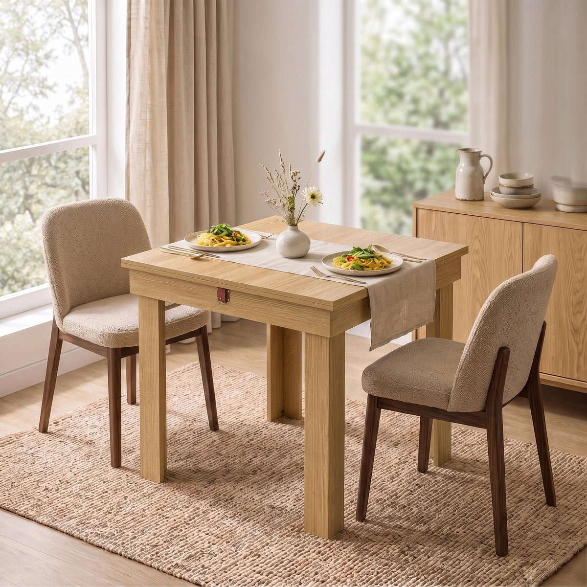 Folding Dining Table Under-Table Storage Extendable Kitchen Table Steel Rail Oak Effect