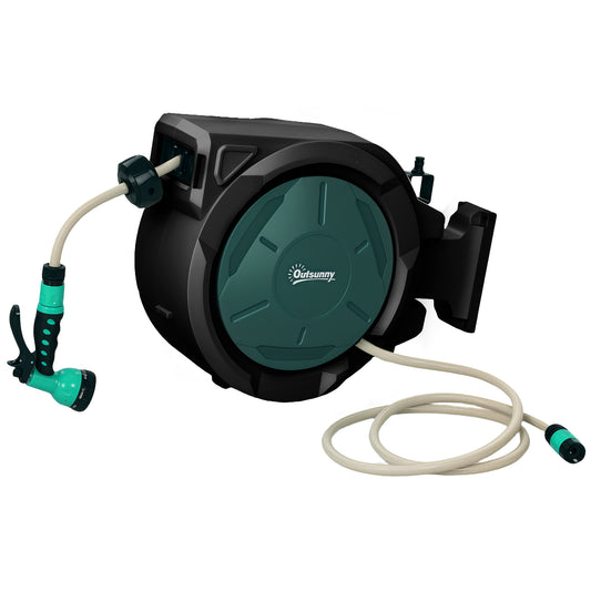Retractable Hose Reel Wall Mounted, 30+2m Garden Hose Pipe Reel with Lock, Auto Rewind, 7 in 1 Spray Nozzle, Includes Wall Fixings, 180° Swivel, Outdoor Watering, 59 x 23 x 42 cm
