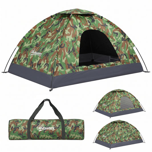 2 Person Camping Tent, Dome Tent with Zipped Doors, Storage Pocket, Portable Handy Bag, Multicoloured