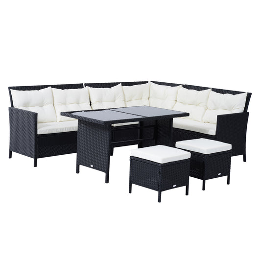 8-Seater Garden Rattan Furniture Rattan Corner Dining Sofa Set Wicker Conservatory Furniture Lawn Patio Coffee Table Foot Stool w/Cushion-Black