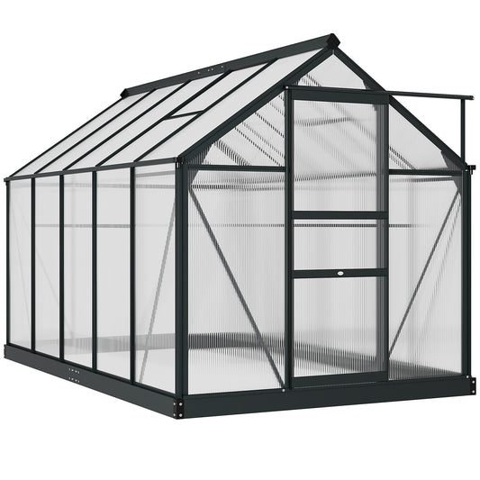 6 x 10ft Polycarbonate Greenhouse, Large Walk-In Green House with Slide Door and Window, Garden Plants Grow House with Aluminium Frame and Foundation, Grey
