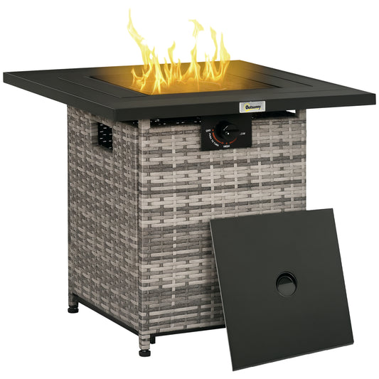 Outdoor PE Rattan Gas Fire Pit Table, Patio Square Propane Heater with Rain Cover, Mesh Lid and Lava Stone, 40, 000 BTU, Mixed Grey