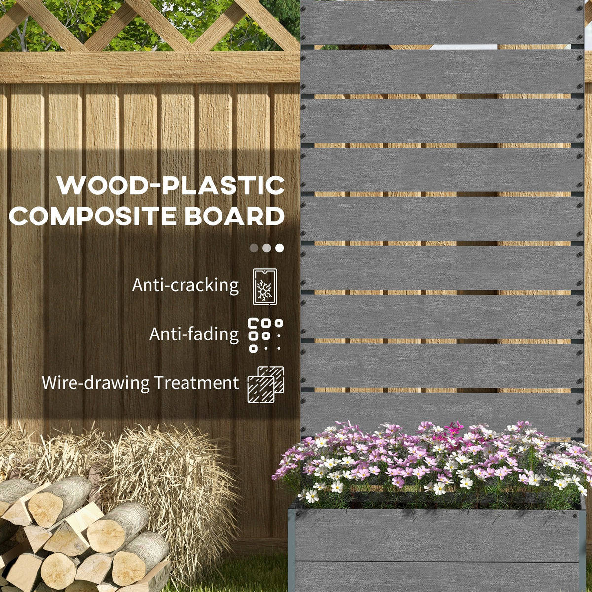 34 x 69.5cm Garden Planter Box, with Back Trellis, Grey