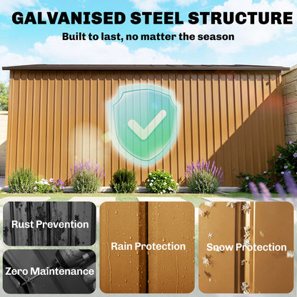 13 x 11ft Metal Garden Shed, Waterproof Outdoor Bike Storage Shed Galvanised with Vents, Foundation Kit, Apex Roof and Lockable Double Doors for Patio Lawn, Light Brown