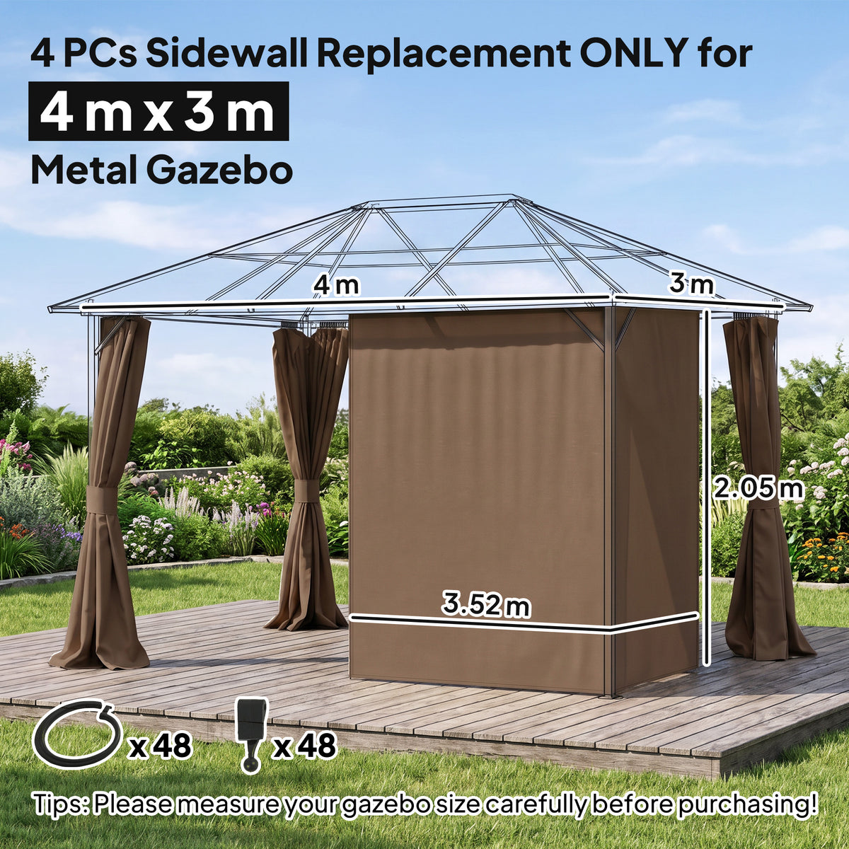 4 Pack Replacement Gazebo Curtains Privacy Panel for Most 3 x 4m Gazebo Canopy Pavillion Outdoor Shelter Sidewalls Accessories Dark Brown