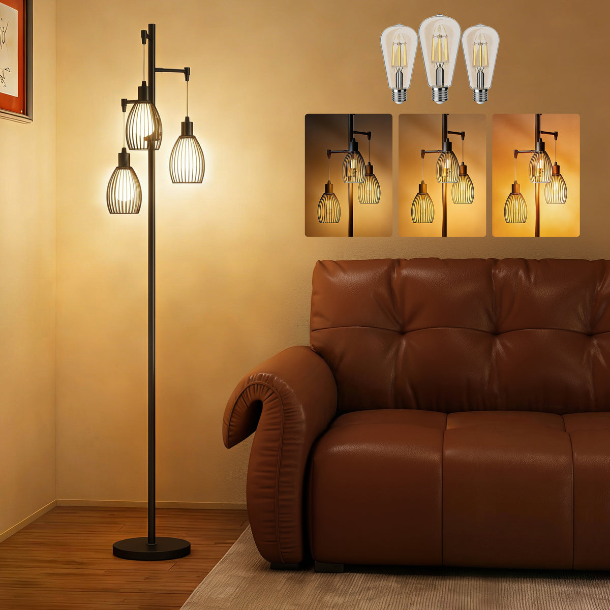 3-Light LED Floor Lamp, 170cm Industrial Dimmable Standing Lamp with Steel Wire Cage Lampshades, 2700K for Living Room, Bedroom, Dining Room, Study, Black