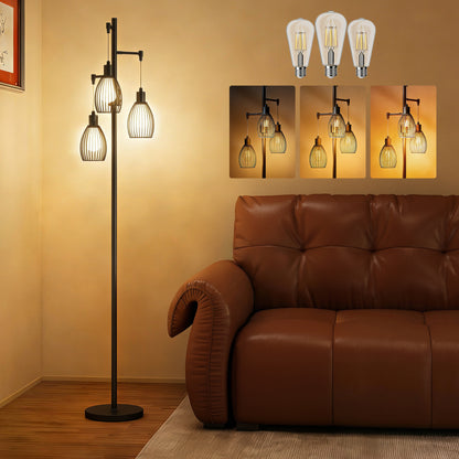 3-Light LED Floor Lamp, 170cm Industrial Dimmable Standing Lamp with Steel Wire Cage Lampshades, 2700K for Living Room, Bedroom, Dining Room, Study, Black