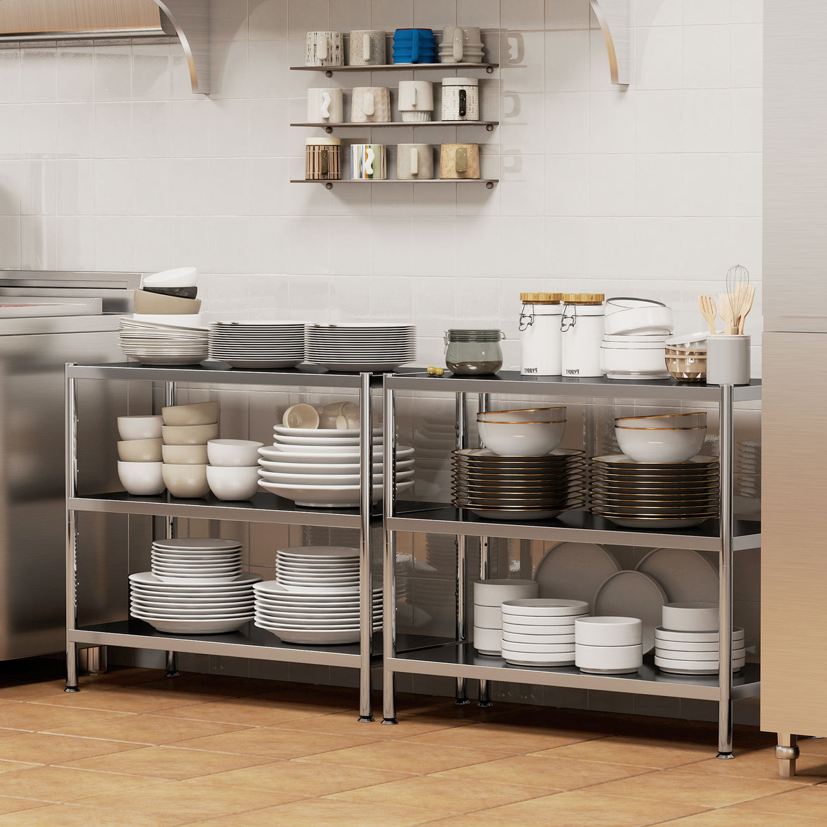 3-Tier Bakers Rack with Storage, Stainless Steel Microwave Stand with Adjustable Shelves for Small Spaces, Kitchen Storage Unit for Spices, Pots and Pans, Silver Tone