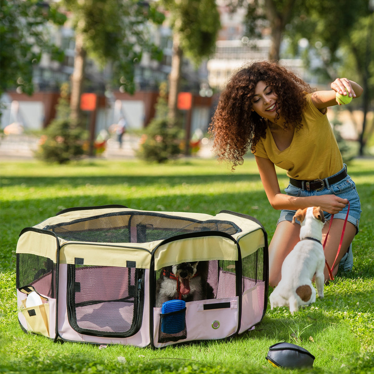 600D Oxford Soft Fabric Kennel, Pet Whelping Box Lightweight Dog Cat Puppy Playpen Rabbit Guinea Pig Foldable Portable Play Pen in Pink With Carry Bag Small Dia 90 x 41Hcm