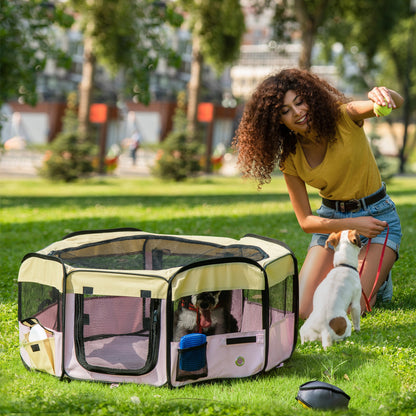 600D Oxford Soft Fabric Kennel, Pet Whelping Box Lightweight Dog Cat Puppy Playpen Rabbit Guinea Pig Foldable Portable Play Pen in Pink With Carry Bag Small Dia 90 x 41Hcm