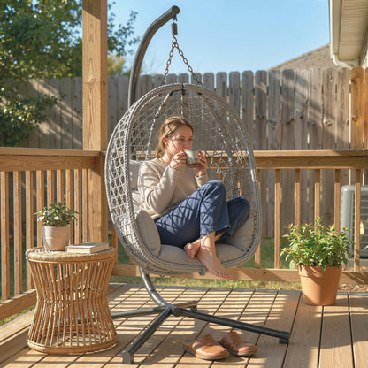Hanging Egg Chair, Indoor Outdoor Rattan Hammock Swing Chair with Stand, Safety Strap, Foldable Basket