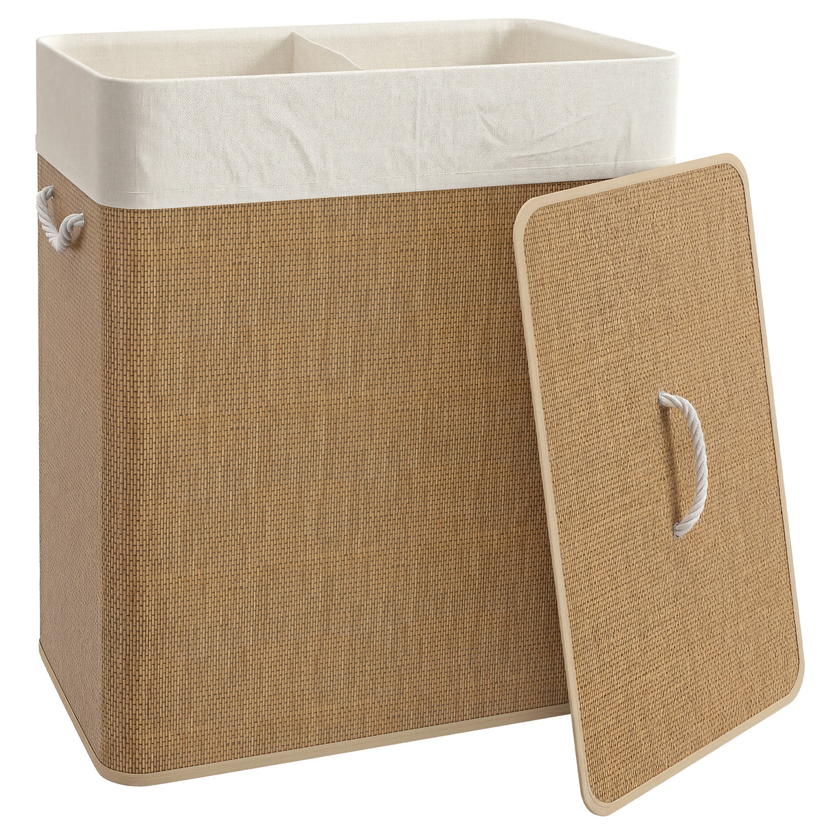 2 Section Laundry Basket with Lid, 100L Bamboo Laundry Hamper with Handles, Removable and Washable Liner, Brown
