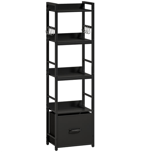 4-Tier Bookshelf, Narrow Bookcase with Drawer, 8 Hooks, Metal Frame