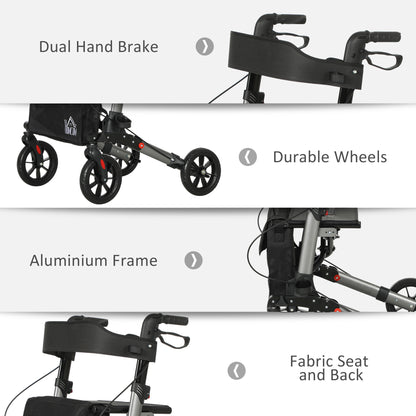 Rollator Walker with Seat, Compact Quick Folding Mobility Walker with 8" Wheels, Carry Bag, Adjustable Height, Cane Holder and Lightweight Aluminium Frame for Seniors and Disabled, Silver