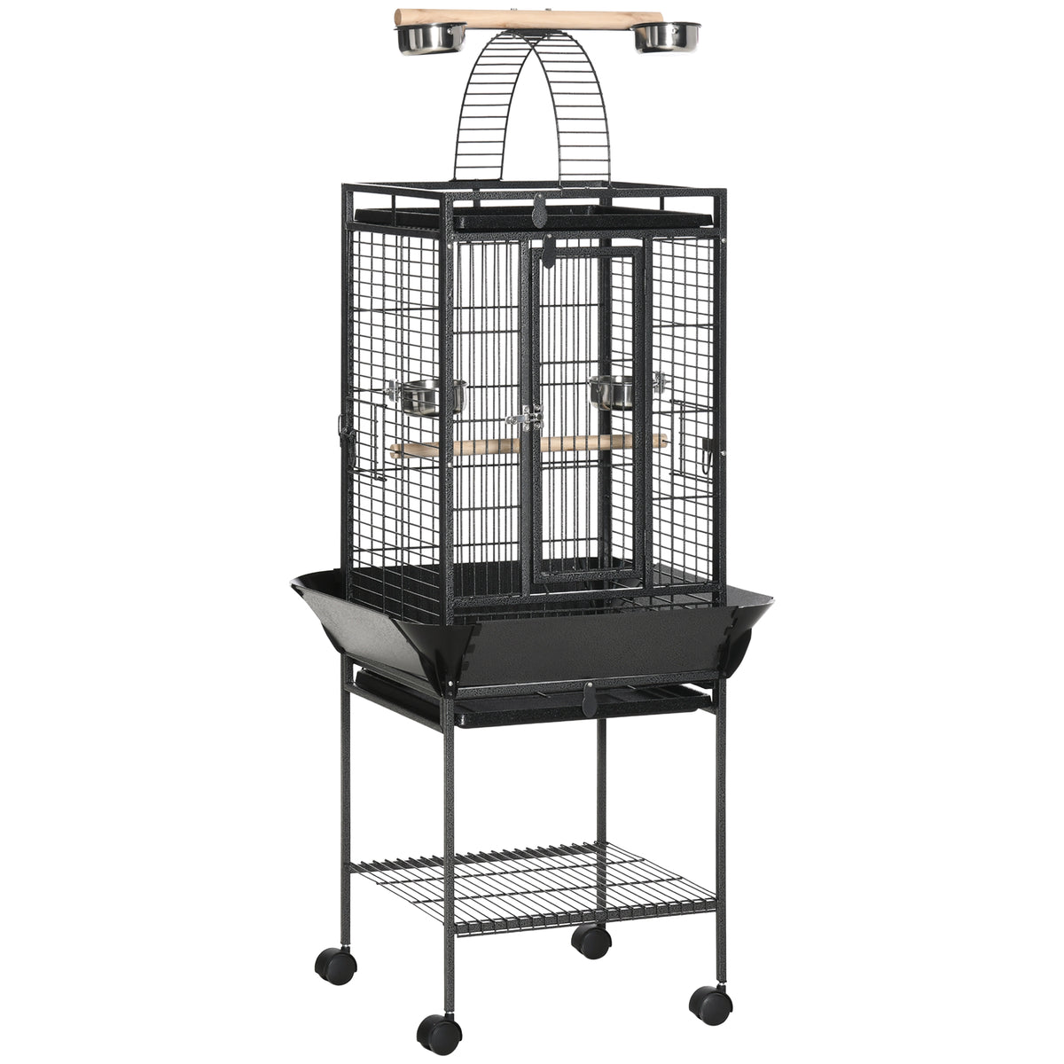 156cm Bird Cage, Parrot Cage with Open Play Top, Perch, Seed Guard, Wheels, Storage Shelf, Dark Grey