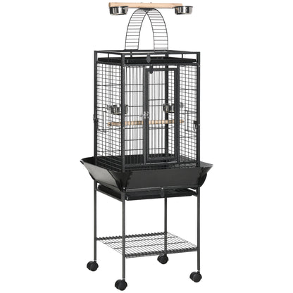 156cm Bird Cage, Parrot Cage with Open Play Top, Perch, Seed Guard, Wheels, Storage Shelf, Dark Grey