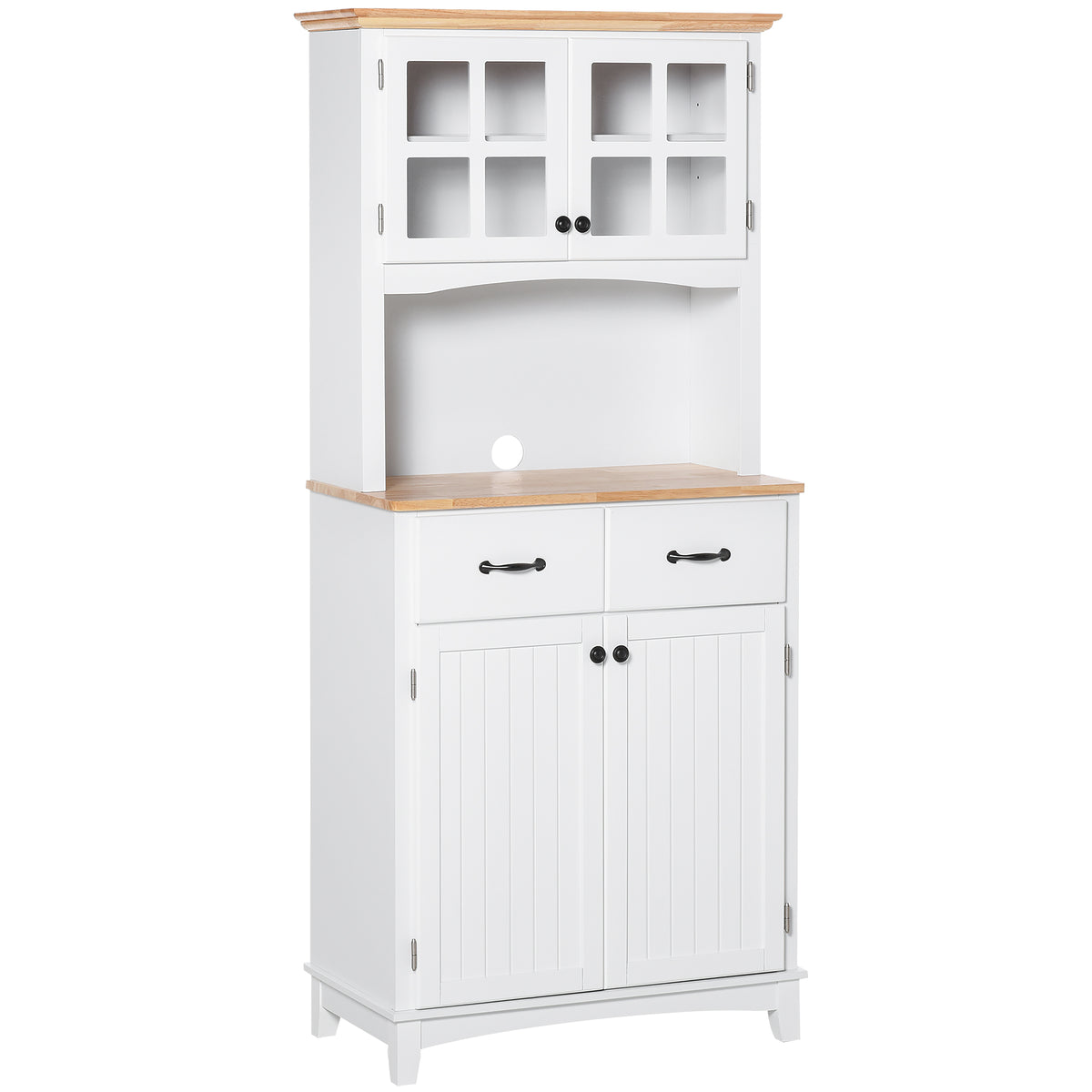 Freestanding Kitchen Cupboard, Kitchen Storage Cabinet with Framed Glass Doors, 2 Drawers, Microwave Counter, 172cm, White