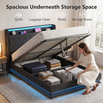 4ft6 Double Bed Frame with Headboard, Platform Bed Frame with Hydraulic Storage, LED Lights and Charging Station, Black