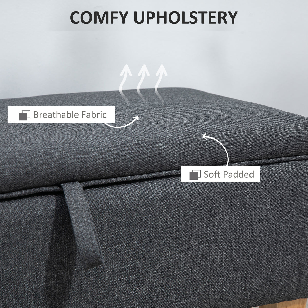 30L Linen Storage Ottoman Padded Footstool with Rubberwood Legs for Storage Box, Bed End, Shoe Bench, Seating, Dark Grey