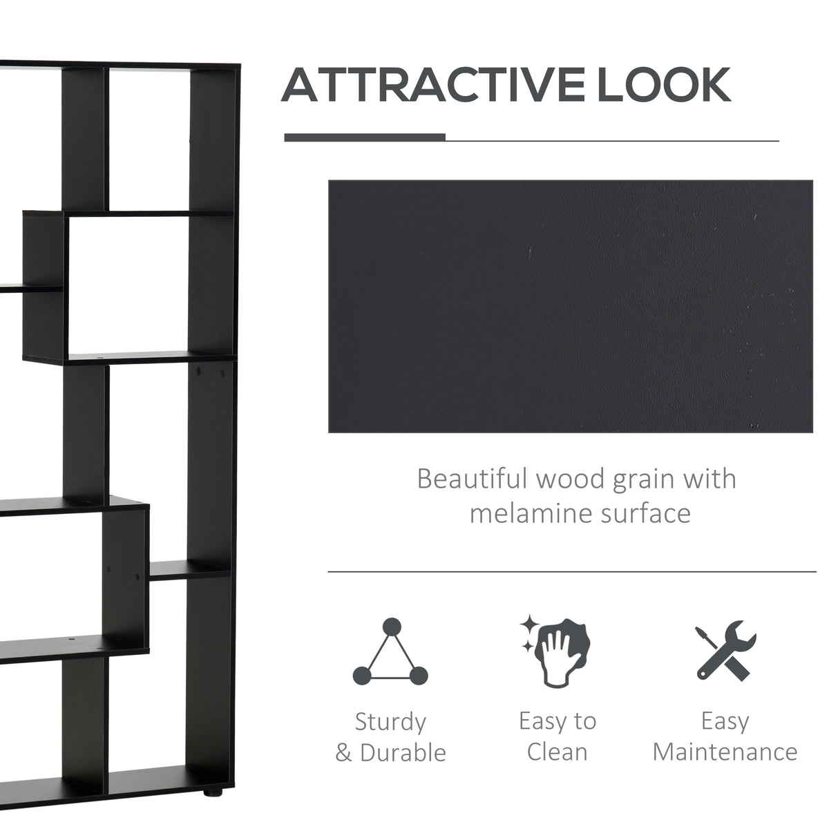 8-Tier Freestanding Bookcase w/ Melamine Surface Anti-Tipping Foot Pads Home Display Storage Grid Stand Bedroom Living Room Furniture Modern Style - Black