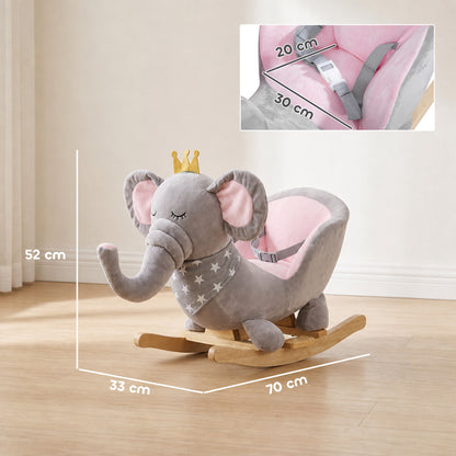 Kids Elephant-Designed Rocking Horse, with Safety Belt, Wooden Base, for Ages 18-36 Months - Grey