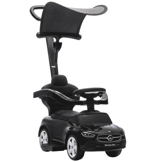 4 in 1 Licensed Benz Ride on Push Car with Handle, Canopy, Guardrails, Horn, Music, Storage for 12-36 Months