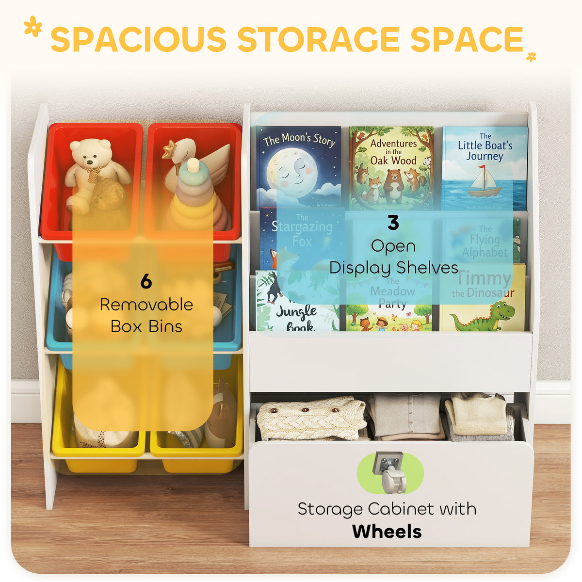 Toy Storage Unit, 3-Tier Toy Organiser Shelf with 6 Removable Storage Bins for Bedroom, Nursery, Multicoloured